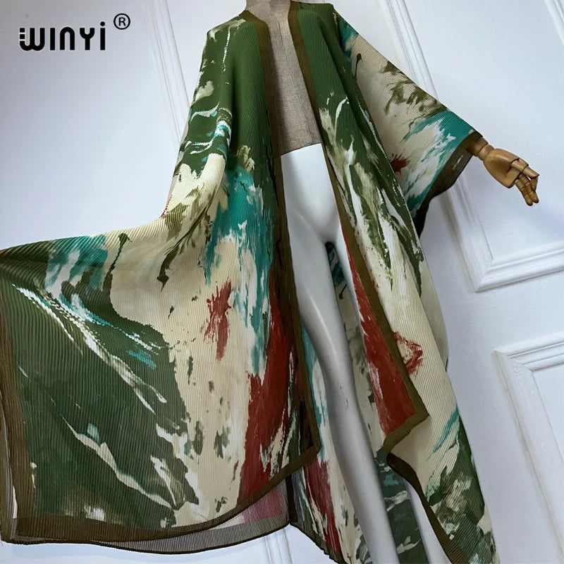 WINYI summer outfit kimono Pleated Tie-dyed print cardigan Beach Wear abaya dubai luxury Holiday beach maxi dress fashion coat