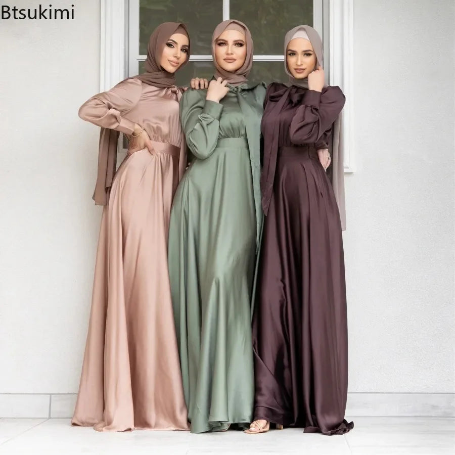 Elegant Satin Dress for Women Muslim Fashion Abaya Hijab Dubai Turkey Evening Dresses Arabic Kaftan Robe Female Islamic Clothing