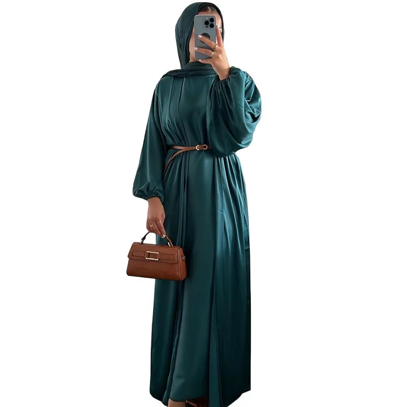 Eid Muslim Jalabiya Dress for Women Satin Abaya 2 Piece Set Ramadan Long Dresses Abayas Woman Belt Robe Caftan Vestidos Largos