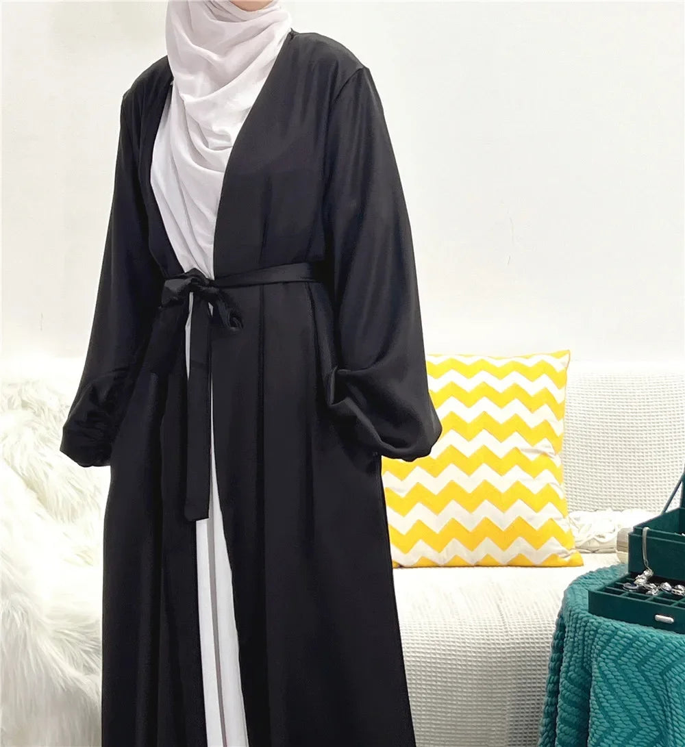 Satin Open Abaya Kimono Turkey BubbleSleeve Plain Abayas for Women Dubai 2023 Muslim Dress Islam Modest Outfit Kaftan Hijab Robe