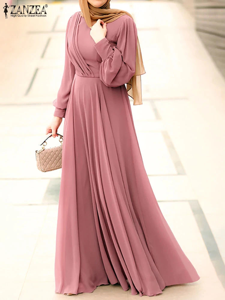 Women Spring Sundress ZANZEA Fashion Solid Muslim Dress Casual Abaya Marocain Turkish Robe Femme Lantern Sleeve Maxi Vestidos