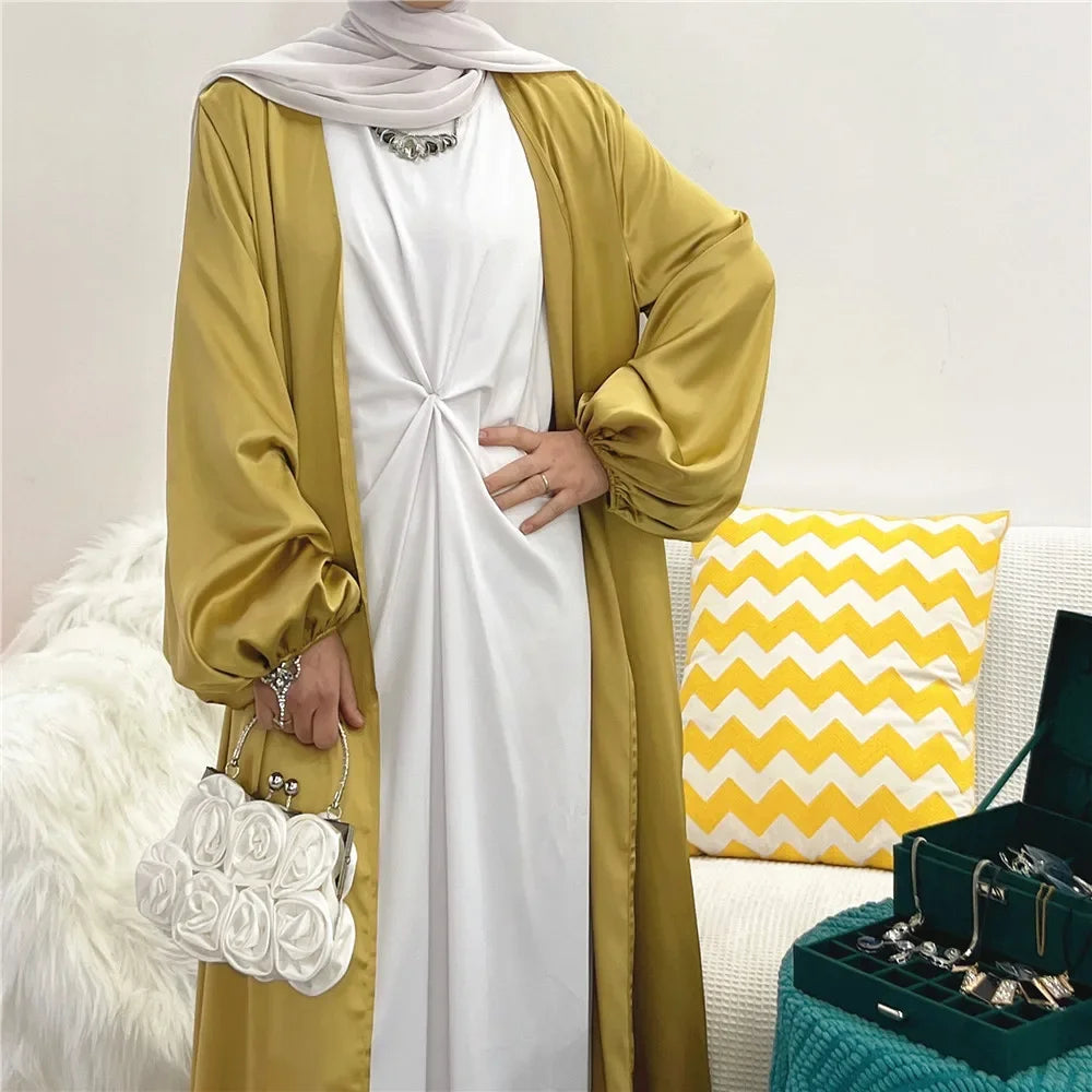 Satin Open Abaya Kimono Turkey BubbleSleeve Plain Abayas for Women Dubai 2023 Muslim Dress Islam Modest Outfit Kaftan Hijab Robe