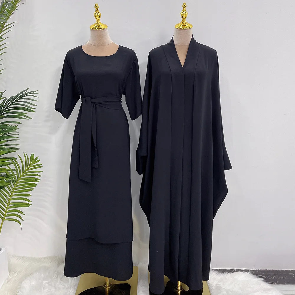 Fashion Muslim Kimono Abaya Cardigan Ramadan Dress Sets for Women Dubai Turkey Eid Islamic Comfortable Two Piece Sets