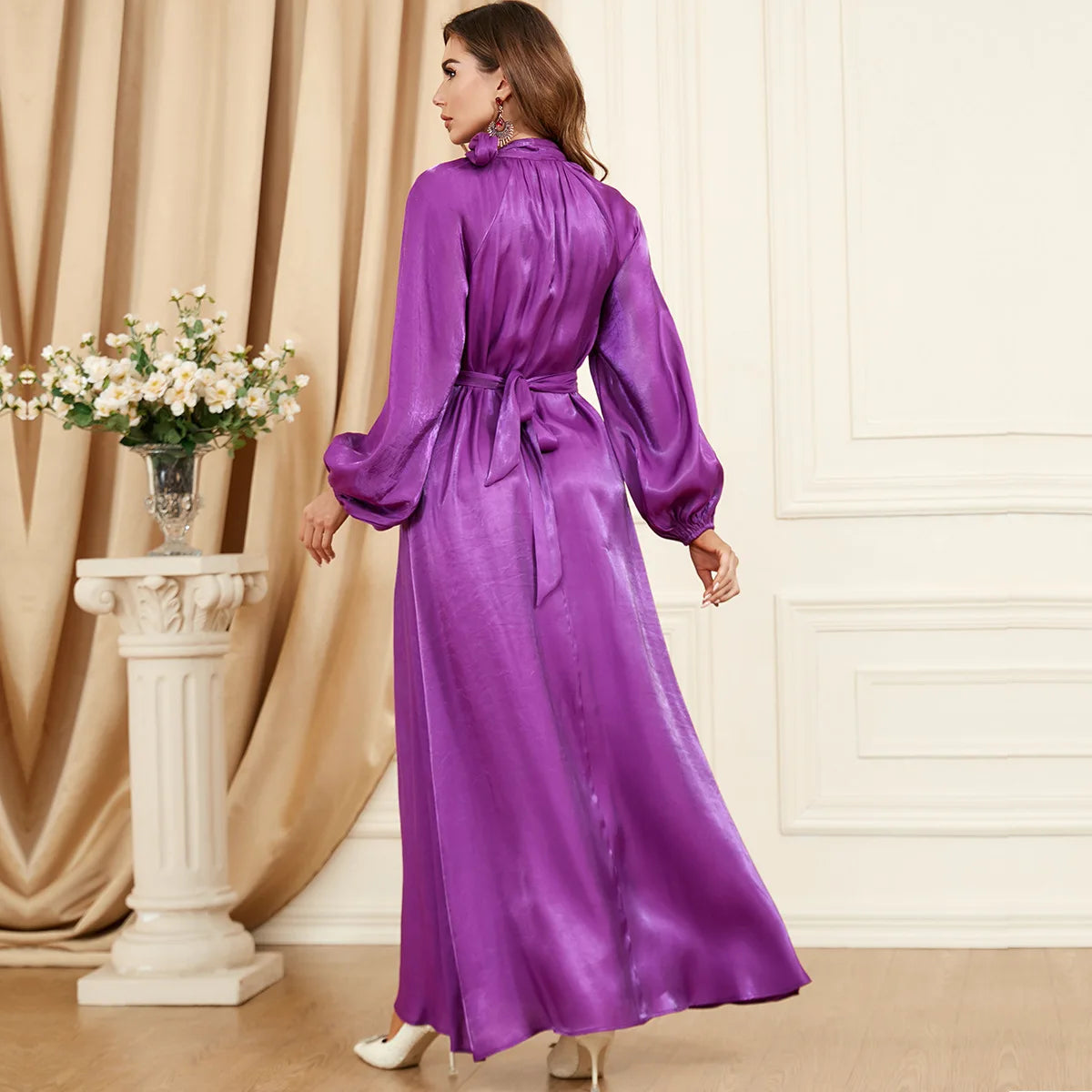 Bow Tie Neck Chic Eid Full Cover Ramadan Gown Puff Sleeve Morocco Muslim Dress Women Abaya Casual Islam Long Robe Femme Vestidos