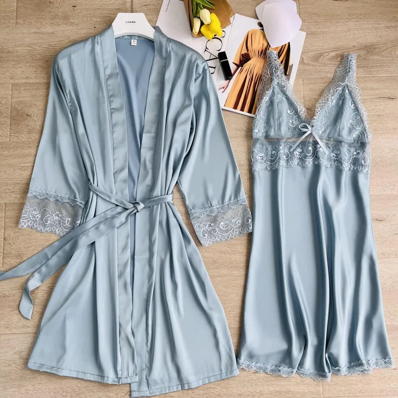 White Satin Wedding Robe Nightgown 5PCS Sleepwear Set Sexy Lace Kimono Bathrobe Gown Nightwear Loose Home Dress Lounge Wear