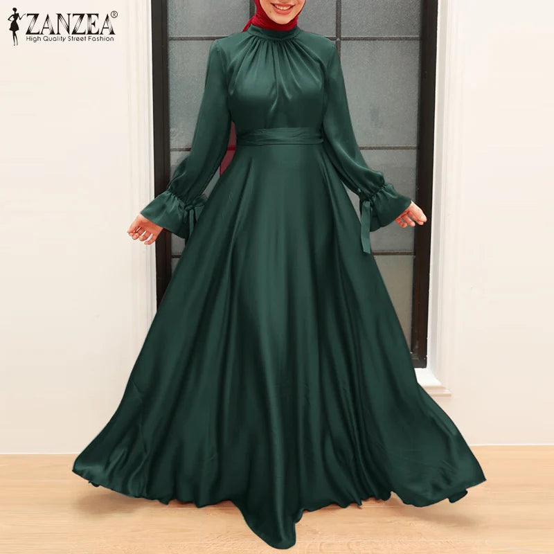 ZANZEA Elegant Satin Long Dresses Women Muslim Fashion Cinched Waist Hijab Islamic Abaya Robes 2024 Autumn Long Sleeve Vestidos