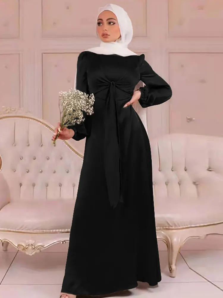 Elegant Abaya Satin Wrap Muslim Long Dress for Women Modern Hijab Robe Islamic Clothing Dubai Turkish Modest Dresses Ramadan Eid