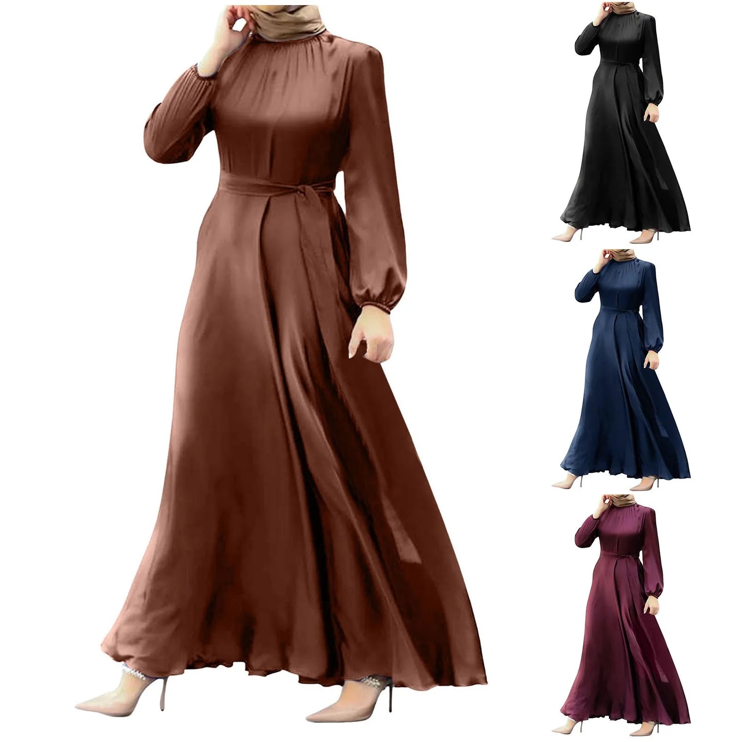 Women'S Muslim Party Solid Satin Maxi Dress 2024 Summer Chic Elegant Puff Sleeve Robe Casual Holiday Swing Kaftan Ol Dubai Abaya