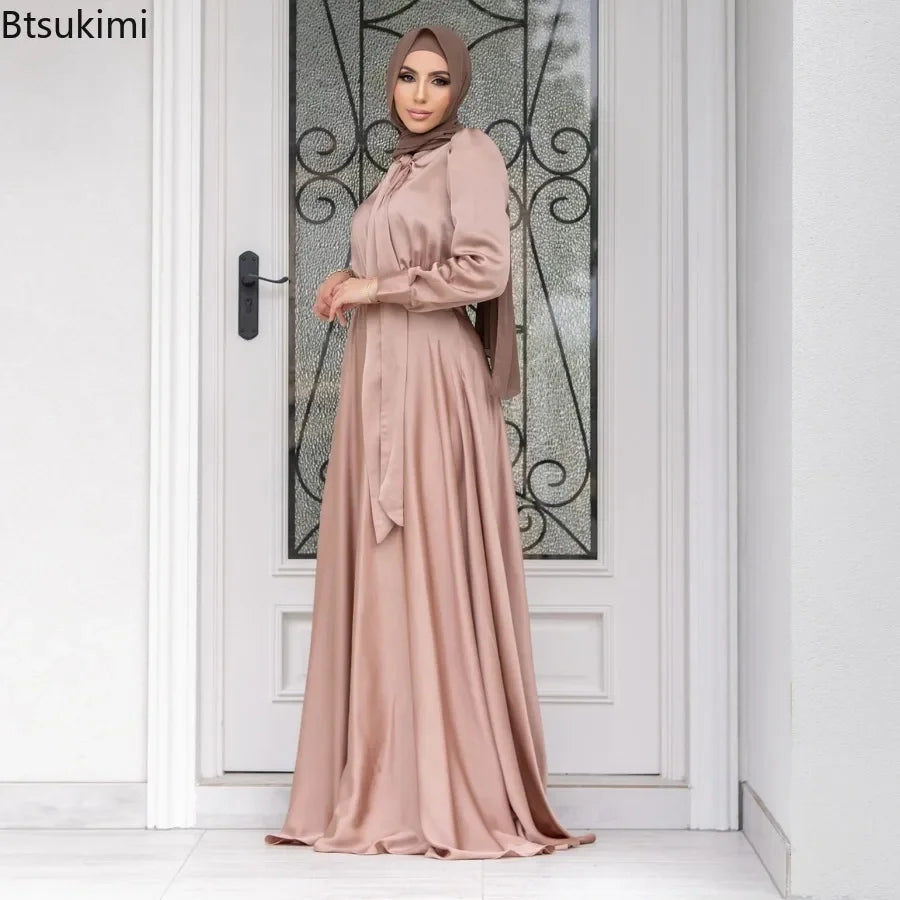 Elegant Satin Dress for Women Muslim Fashion Abaya Hijab Dubai Turkey Evening Dresses Arabic Kaftan Robe Female Islamic Clothing