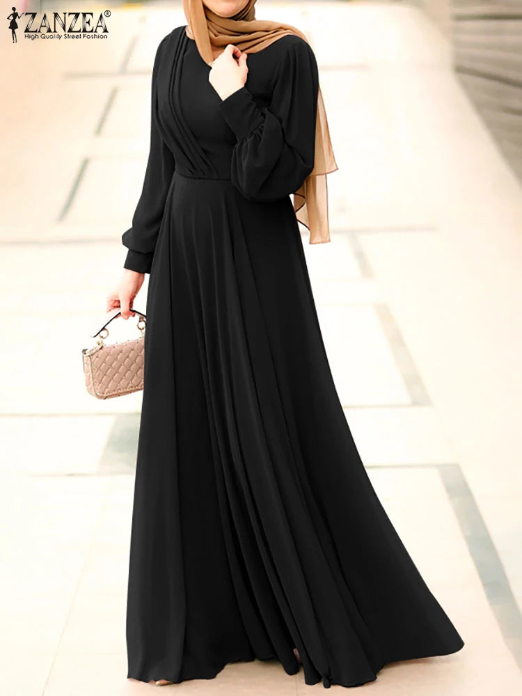 Women Spring Sundress ZANZEA Fashion Solid Muslim Dress Casual Abaya Marocain Turkish Robe Femme Lantern Sleeve Maxi Vestidos