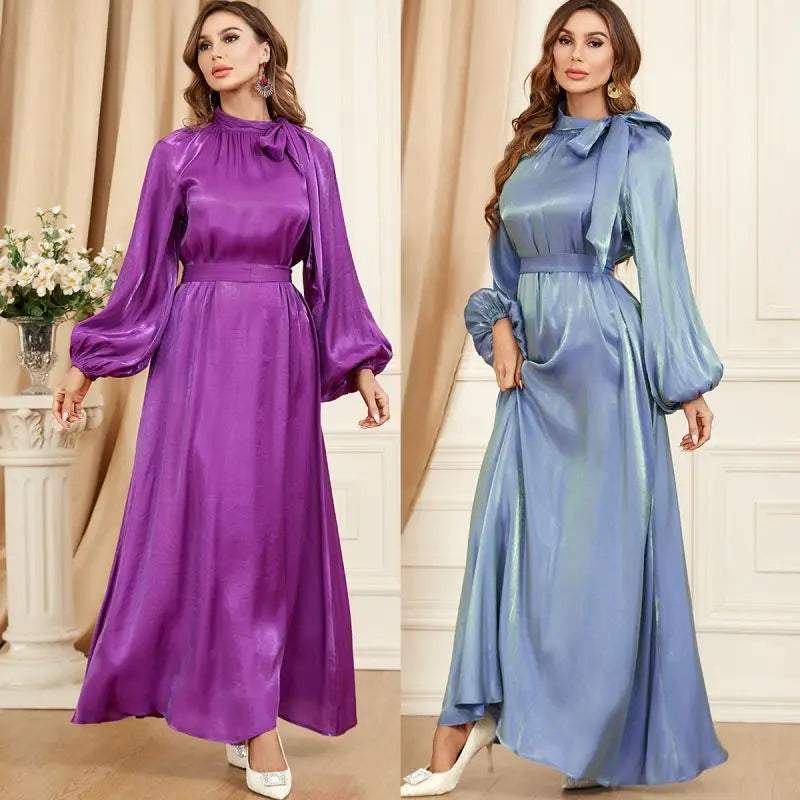 Bow Tie Neck Chic Eid Full Cover Ramadan Gown Puff Sleeve Morocco Muslim Dress Women Abaya Casual Islam Long Robe Femme Vestidos