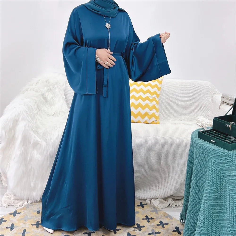 Eid Mubarak Satin Abaya Elegant Women Muslim Ramadan Long Maxi Dress Turkey Arabic Dubai Jalabiya Islamic Clothing Robe Vestidos