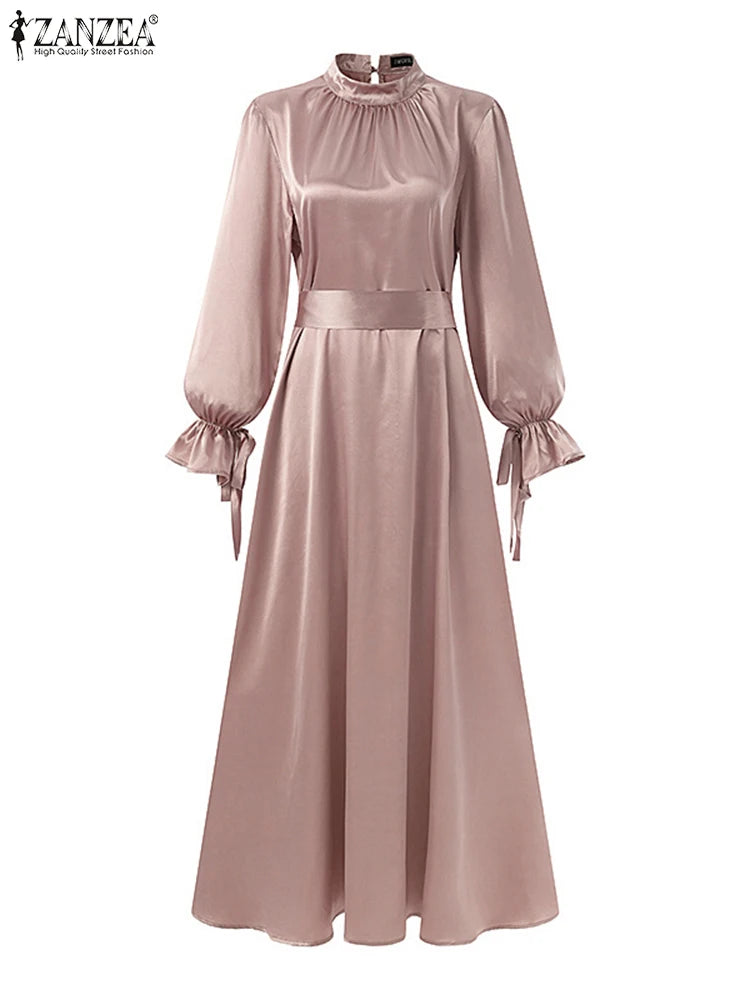 ZANZEA Muslim Fashion Satin Long Dresses Women Elegant Cinched Waist Long Sleeve Hijab Islamic Abaya Robes 2024 Autumn Vestidos