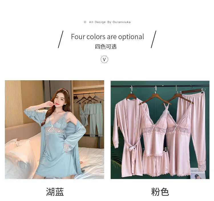 White Satin Wedding Robe Nightgown 5PCS Sleepwear Set Sexy Lace Kimono Bathrobe Gown Nightwear Loose Home Dress Lounge Wear