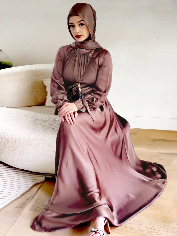 Eid Abaya Dubai Muslim Dress Women Saudi Arab Turkey Silk Lace-up Party Dresses Ramadan Islam Abayas Belt Vestidos Caftan Kaftan