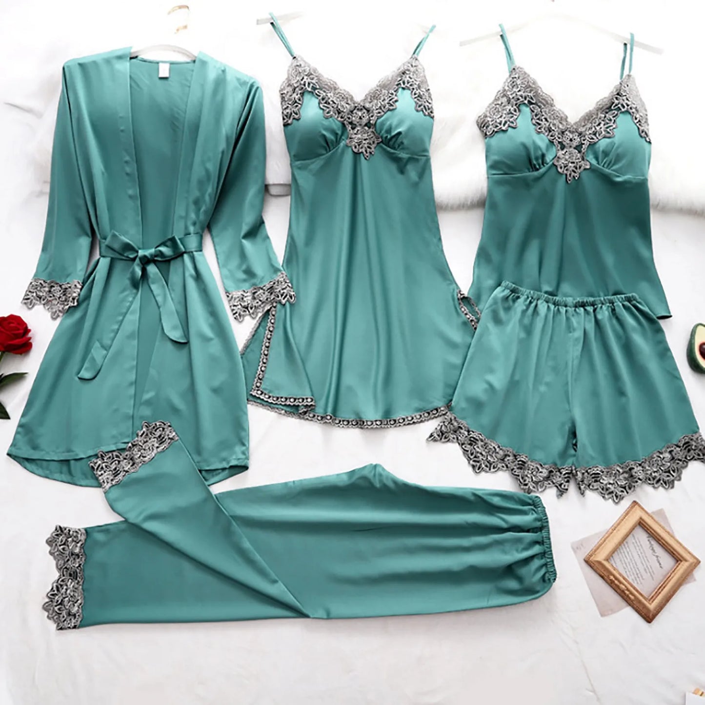 Sleepwear Women Pajama For Sleeping Satin Pajama Set 5pcs Sexy Sleepwear Silky Pajama Set Lace Cami Pjs With Robe Nightwear