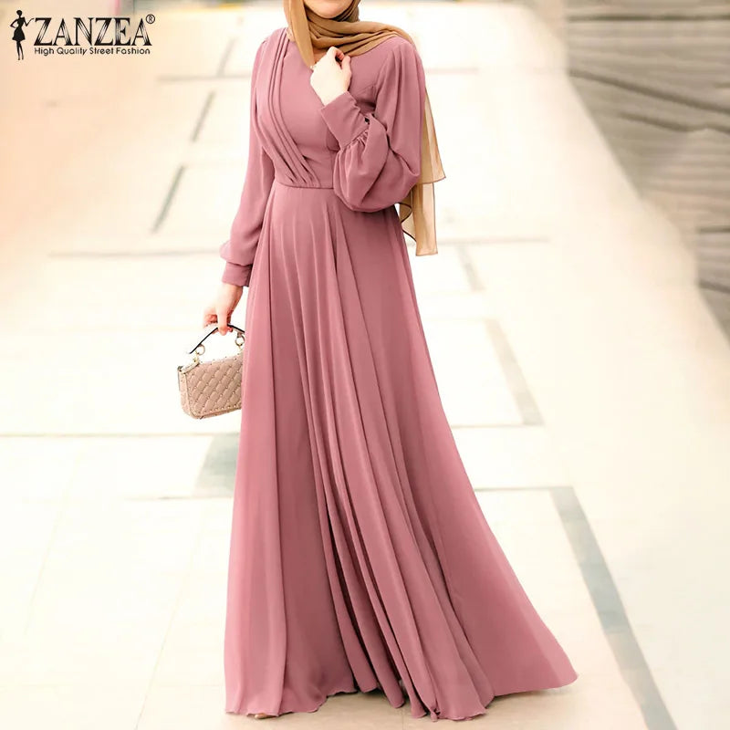 Women Spring Sundress ZANZEA Fashion Solid Muslim Dress Casual Abaya Marocain Turkish Robe Femme Lantern Sleeve Maxi Vestidos