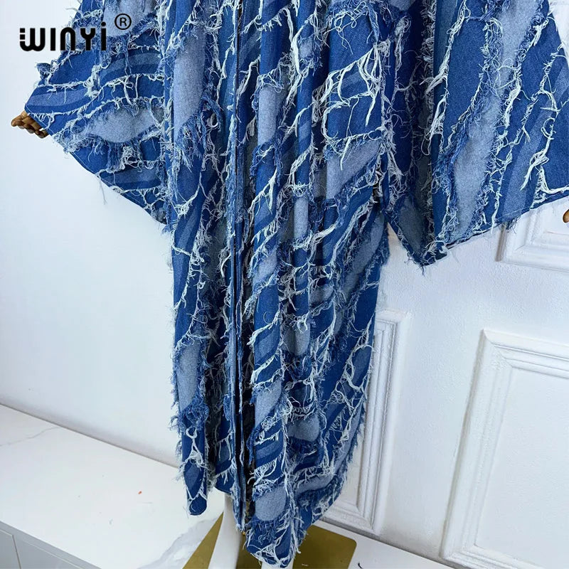 WINYI Kimono Washed jacquard denim with spliced raw edge Cardigan maxi Dress elegant Party Swimming beach Cover Up dress abaya