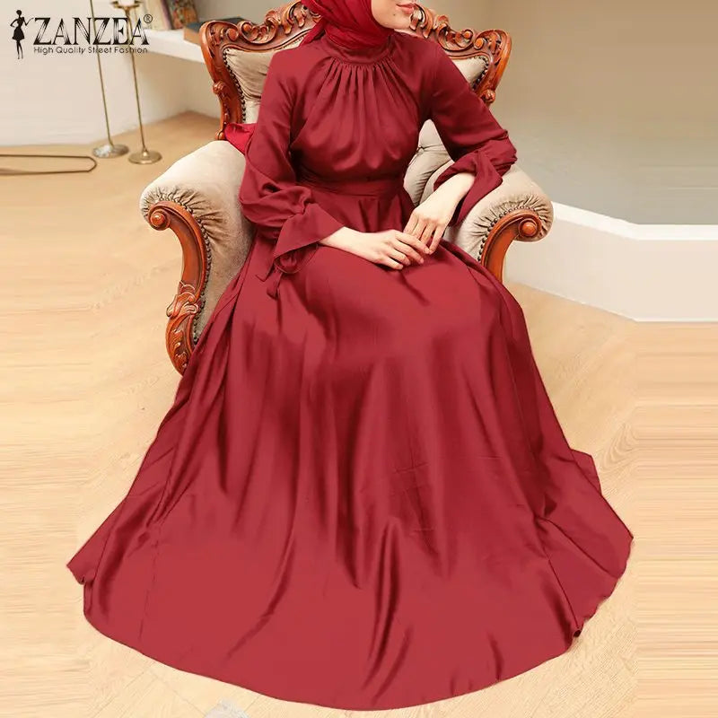 ZANZEA Muslim Fashion Satin Long Dresses Women Elegant Cinched Waist Long Sleeve Hijab Islamic Abaya Robes 2024 Autumn Vestidos