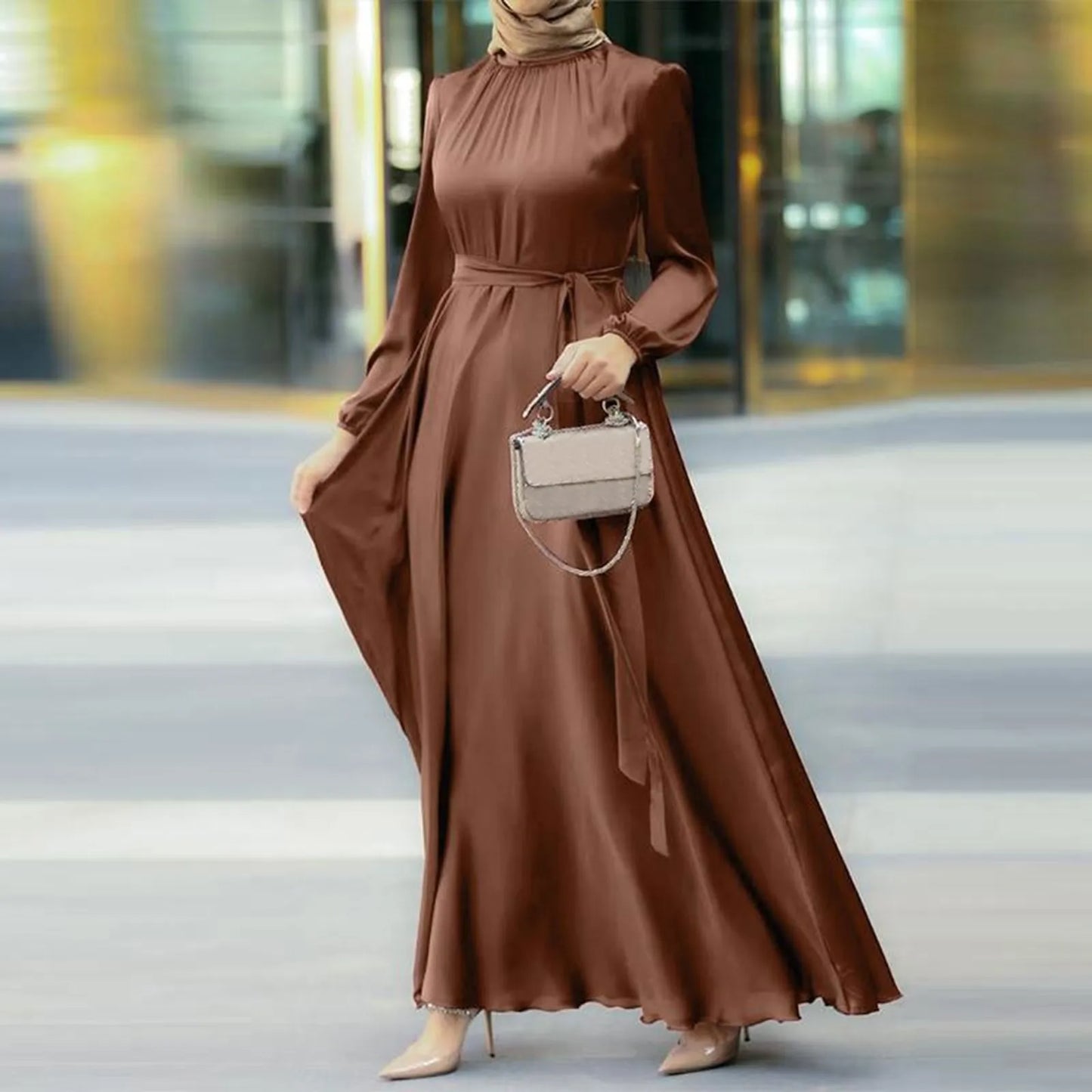 Women'S Muslim Party Solid Satin Maxi Dress 2024 Summer Chic Elegant Puff Sleeve Robe Casual Holiday Swing Kaftan Ol Dubai Abaya