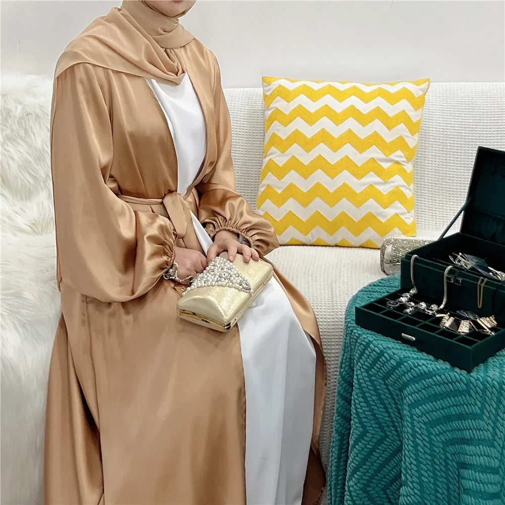 Satin Open Abaya Kimono Turkey BubbleSleeve Plain Abayas for Women Dubai 2023 Muslim Dress Islam Modest Outfit Kaftan Hijab Robe