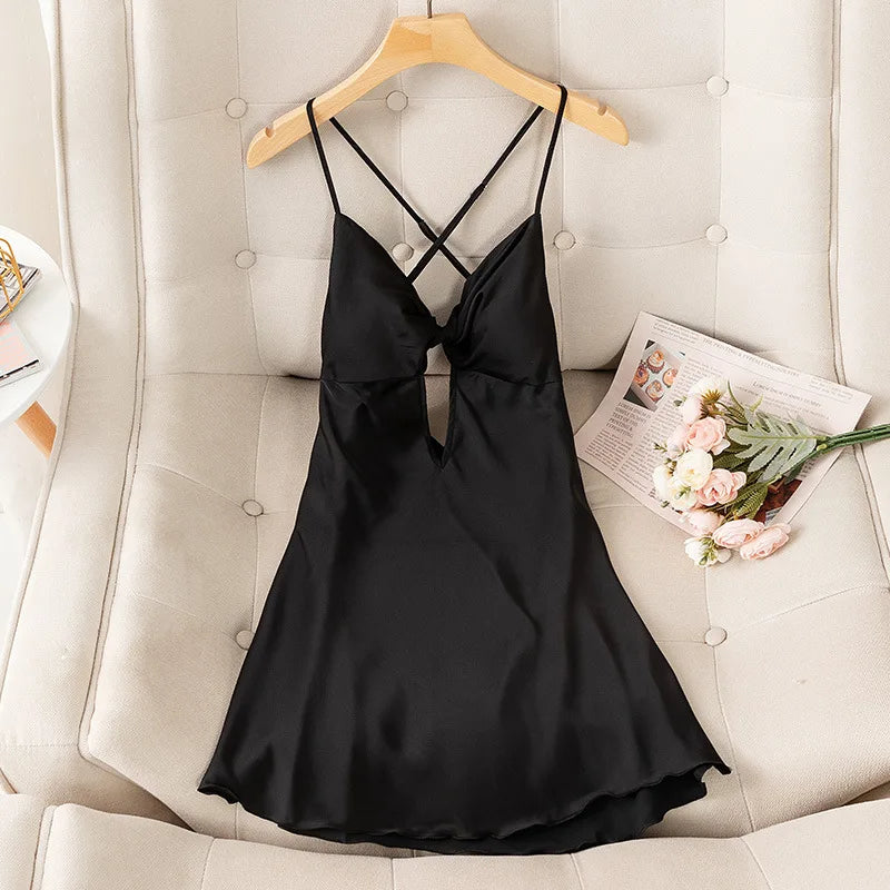 Female Nightdress Sexy Backless Spaghetti Strap Nightgown Sleepwear Spring Summer Nightwear Loose Silk Satin Home Dress Lingerie