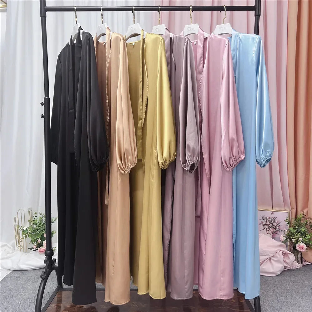 Satin Open Abaya Kimono Turkey BubbleSleeve Plain Abayas for Women Dubai 2023 Muslim Dress Islam Modest Outfit Kaftan Hijab Robe