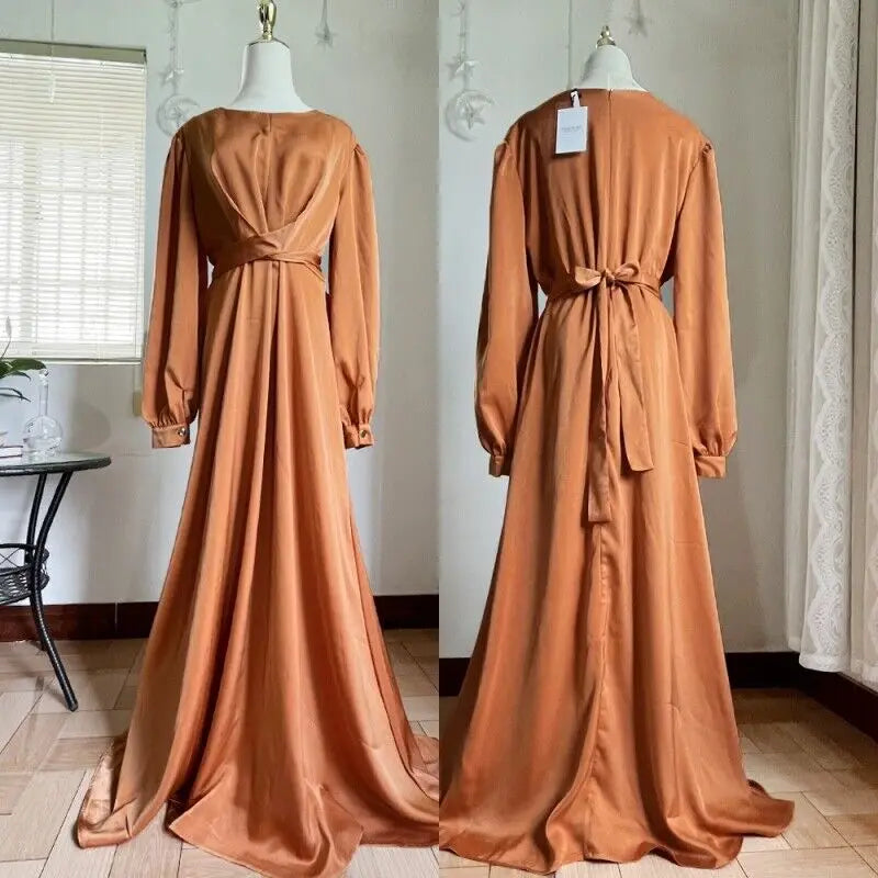 2023 Women Satin Robe Evening Party Long Dress Dubai Fashion Lace Up Belted Gown Muslim Abaya Kaftan Robe Ethnic Vestidos