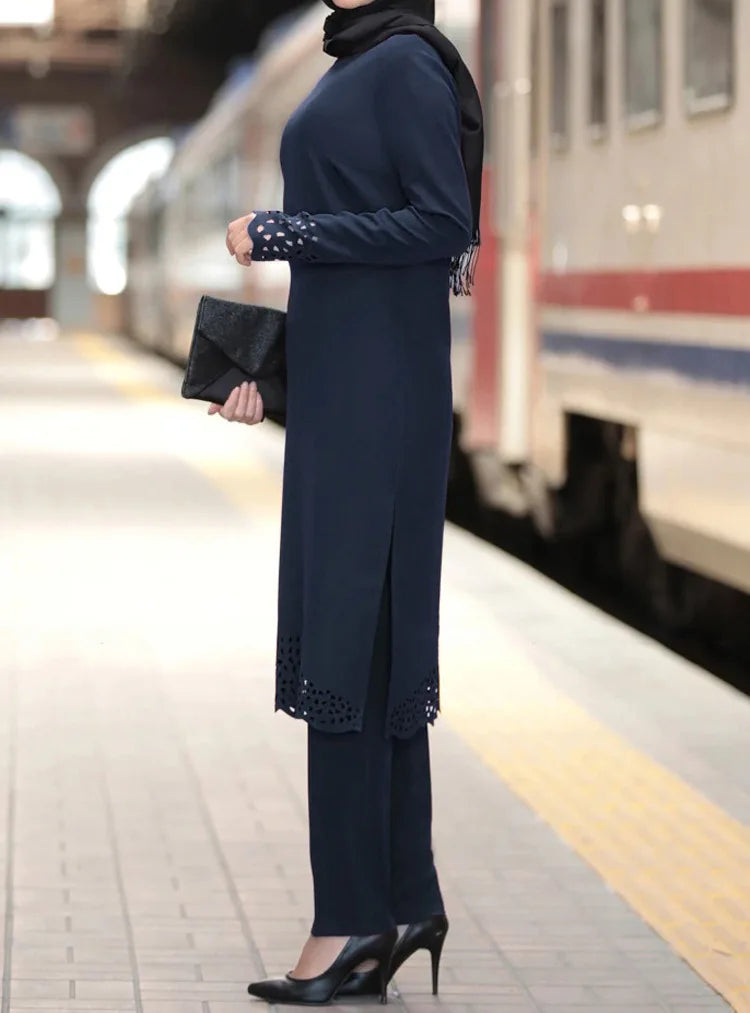 2025 Women Muslim Abaya Sets Fashion Hollow Out Long Sleeve Dreess and Pants Two Pieces Women Islamic Clothing Arab Dubai Kaftan