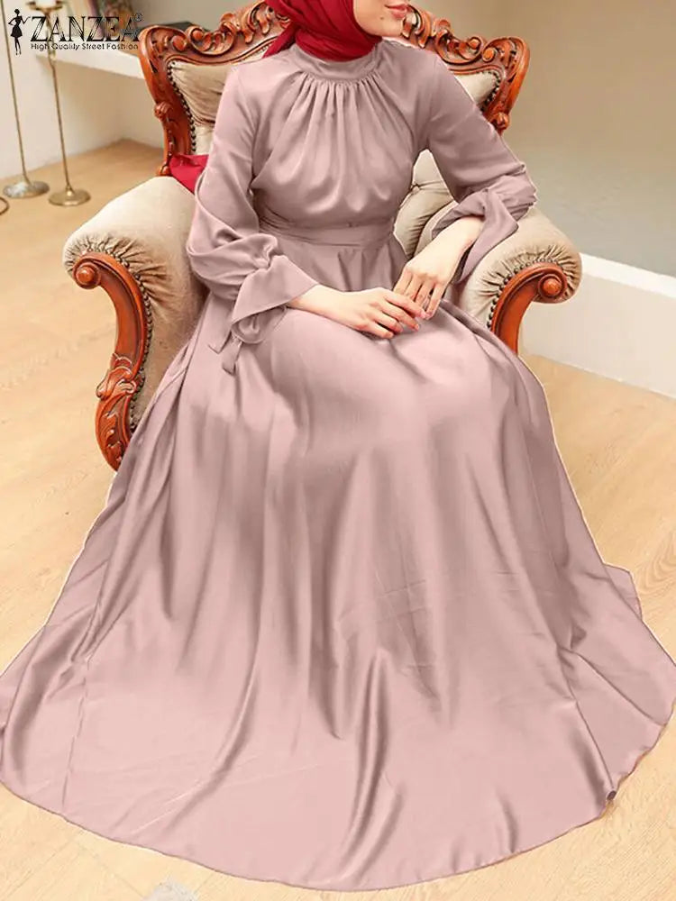 ZANZEA Muslim Fashion Satin Long Dresses Women Elegant Cinched Waist Long Sleeve Hijab Islamic Abaya Robes 2024 Autumn Vestidos