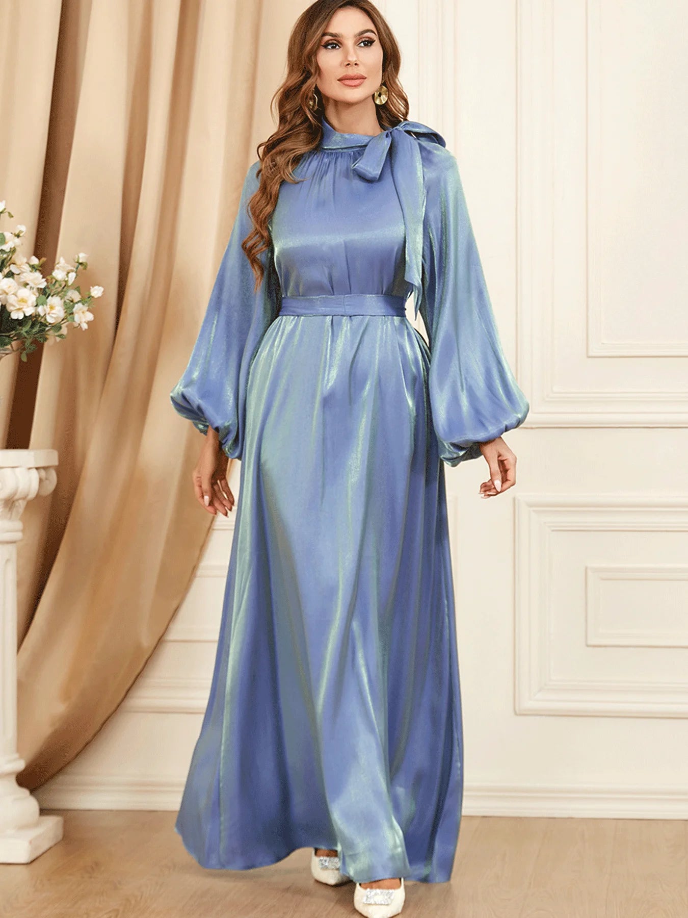 Bow Tie Neck Chic Eid Full Cover Ramadan Gown Puff Sleeve Morocco Muslim Dress Women Abaya Casual Islam Long Robe Femme Vestidos