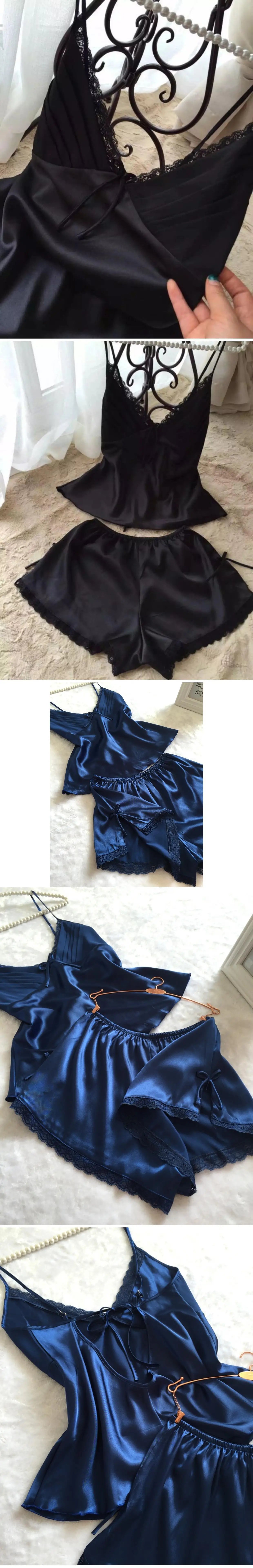 PLUS SIZE Suspender Pajamas Set Sleepwear Sexy Lace Bow Cami Shorts Pijamas Suit Lingerie Summer New Female Silky Satin Homewear