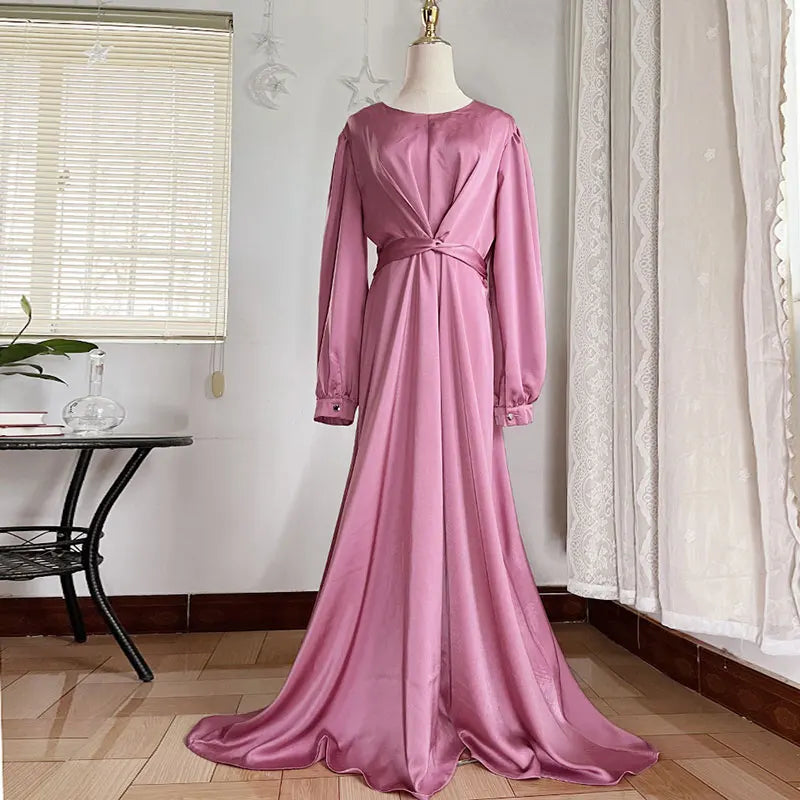 Plain Abaya for Women Satin Islamic Long Dress Wrap Waist Muslim Hijab Robe  Dubai Turkish Modest Abayas Party Kaftan Summer