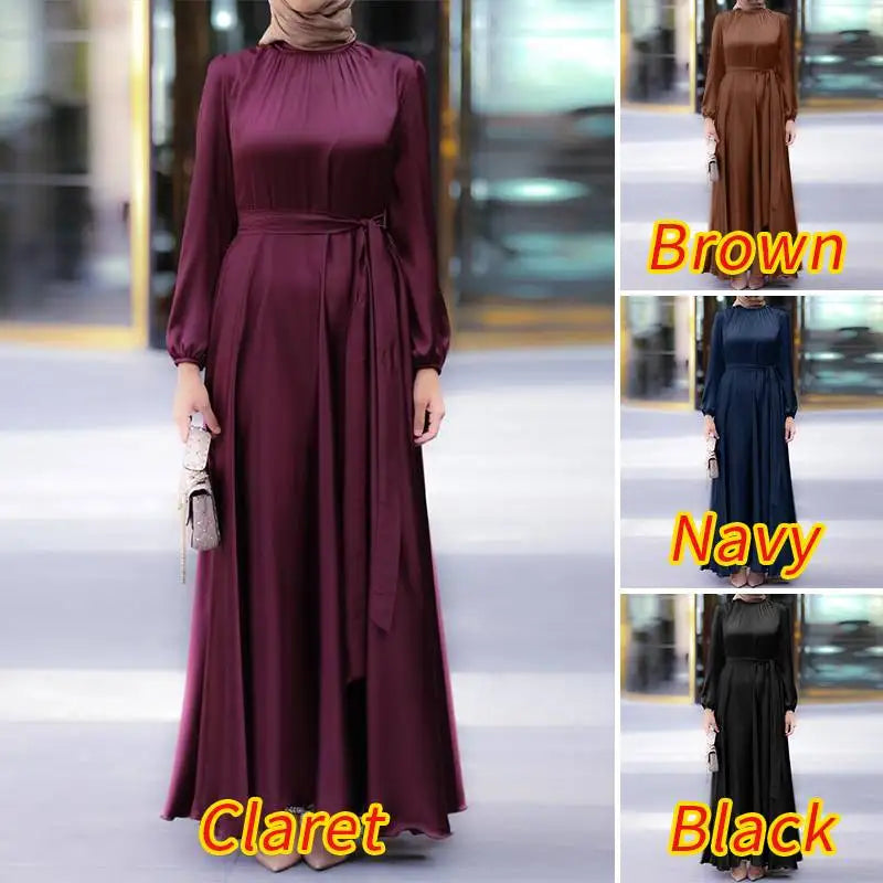 Fashion Muslim Dress Women Satin Party Sundress ZANZEA Puff Sleeve Maxi Vestidos Belted Female Solid Marocain Turkish Robe Femme