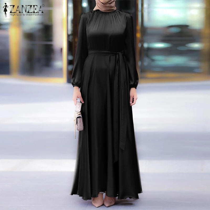 Fashion Muslim Dress Women Satin Party Sundress ZANZEA Puff Sleeve Maxi Vestidos Belted Female Solid Marocain Turkish Robe Femme