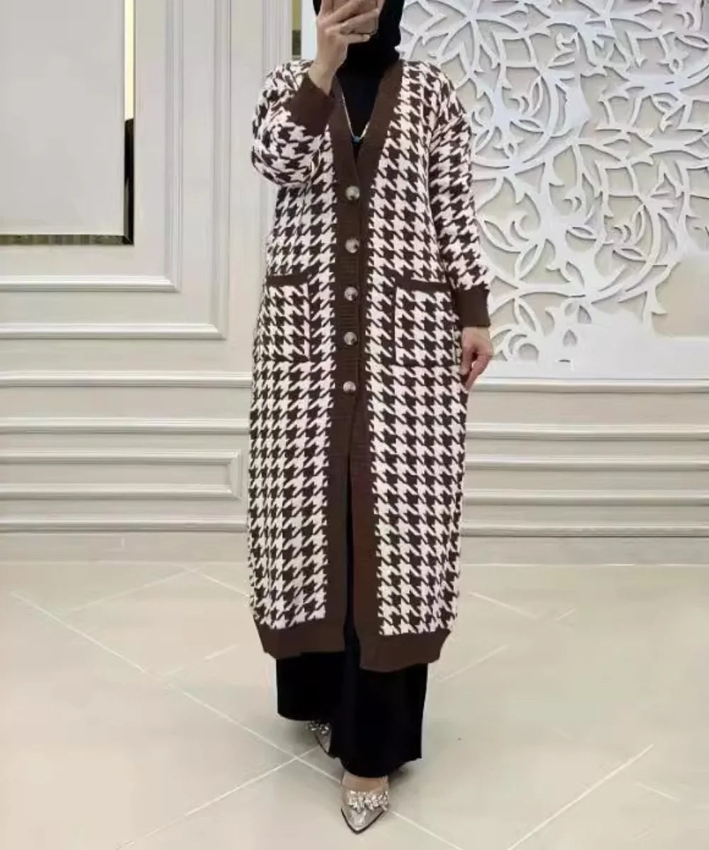 Muslim Women Knitted Coats Sweater Jacket Abaya Plaid Print Pockets Ramadan Modest Sweaters Morocco Dubai Casual Long Cardigan