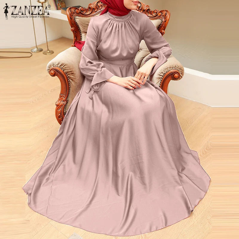 ZANZEA Muslim Fashion Satin Long Dresses Women Elegant Cinched Waist Long Sleeve Hijab Islamic Abaya Robes 2024 Autumn Vestidos