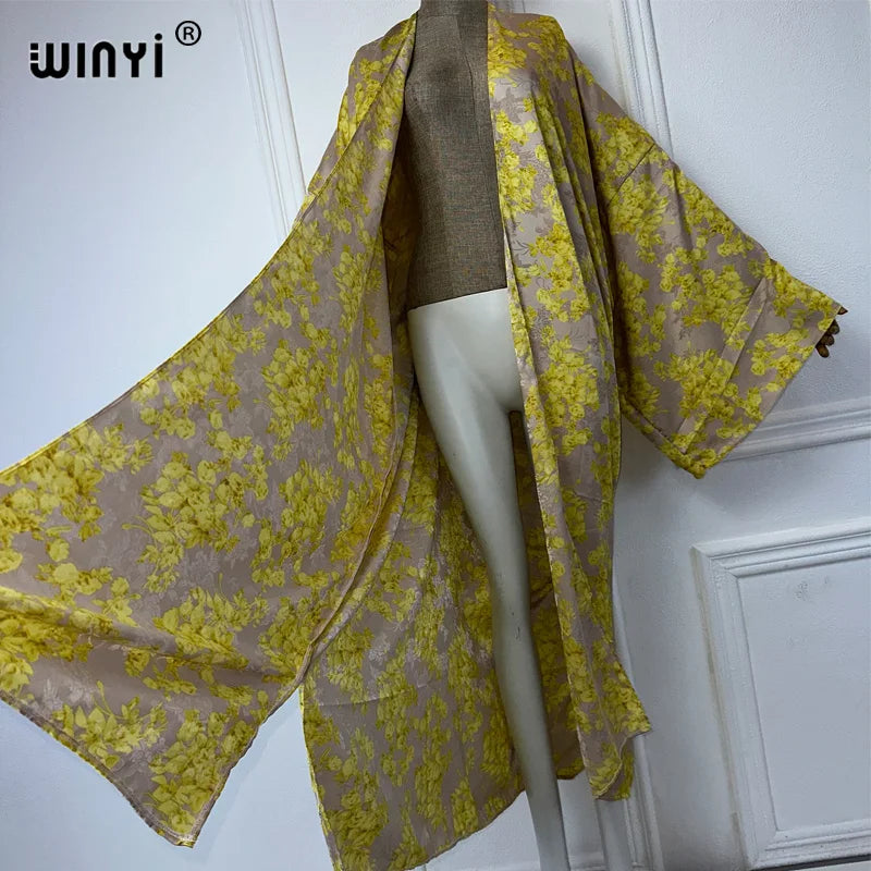 WINYI 2024 High-quality Double-sided Print Silk feel Dress Beach Wear Boho Cardigan abaya women muslim dress Long Sleeve Kimono