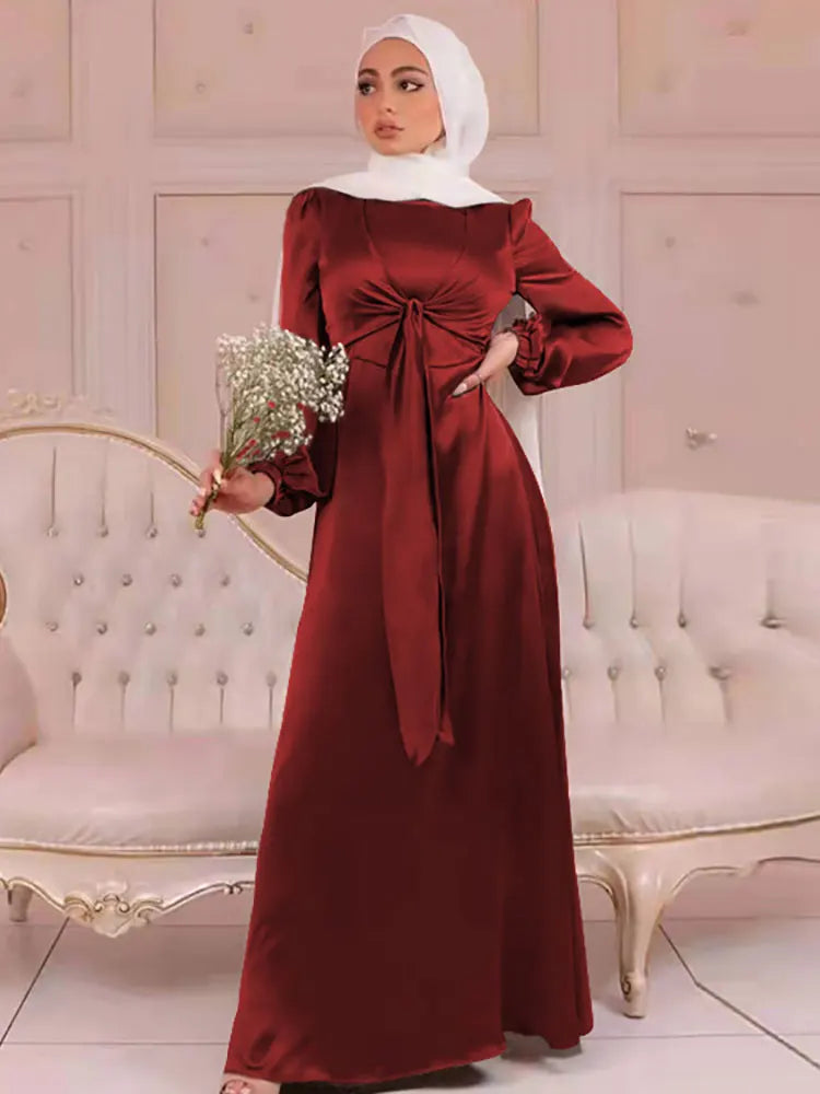 Elegant Abaya Satin Wrap Muslim Long Dress for Women Modern Hijab Robe Islamic Clothing Dubai Turkish Modest Dresses Ramadan Eid