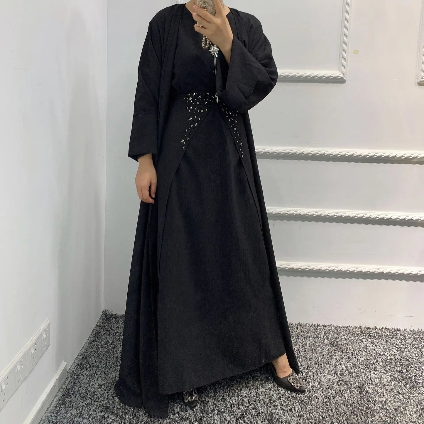 Fashion Muslim Kimono Abaya Cardigan Ramadan Dubai Turkey Eid Dress Sets for Women Islamic 2 Piece Sets Womens Outfits