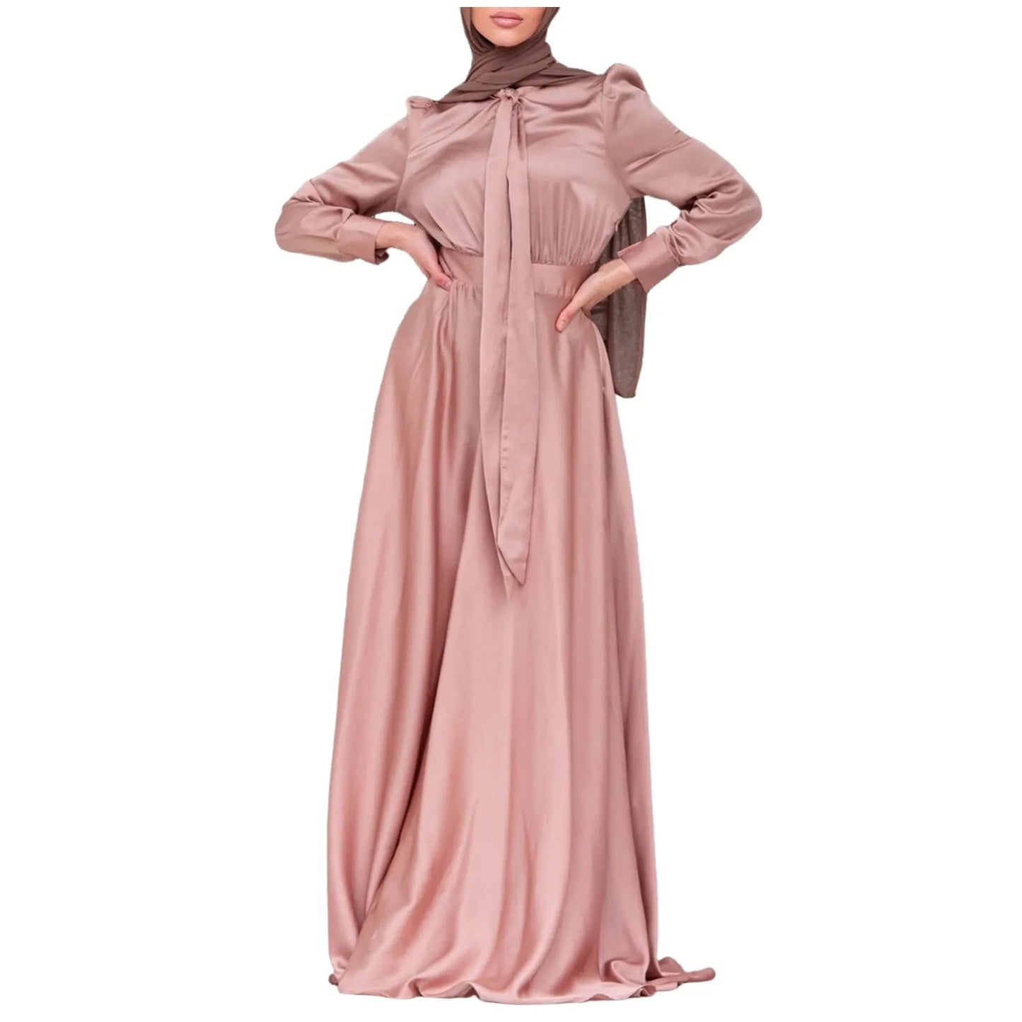 Women's Elegant Temperament Muslim Satin Dress Soft And Stylish Solid Color Long Evening Dress Loose Lace-up Dubai Dress