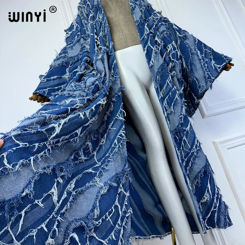 WINYI Kimono Washed jacquard denim with spliced raw edge Cardigan maxi Dress elegant Party Swimming beach Cover Up dress abaya