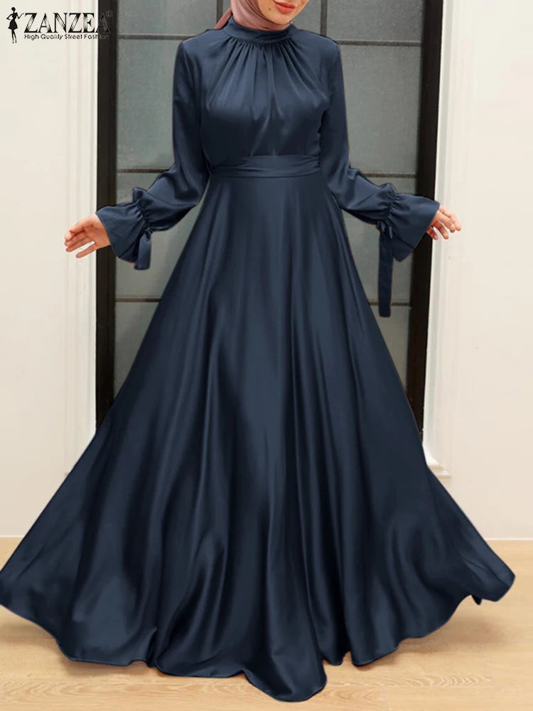 ZANZEA Elegant Satin Long Dresses Women Muslim Fashion Cinched Waist Hijab Islamic Abaya Robes 2024 Autumn Long Sleeve Vestidos