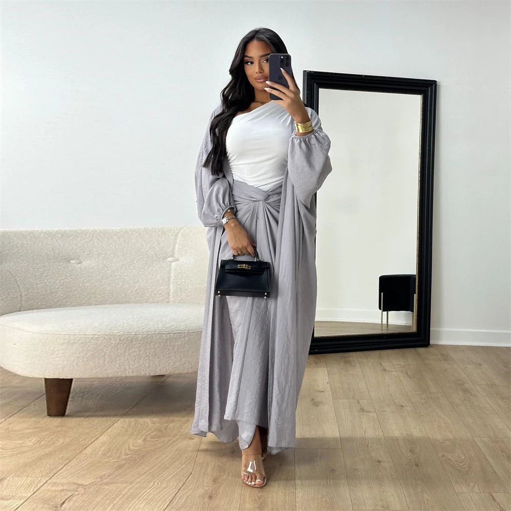 Eid Caftan Marocain Plain 2 Piece Abaya Set Tops Skirt Modest Muslim Sets Abayas For Women Clothing Robe Femme Musulmane Kaftan