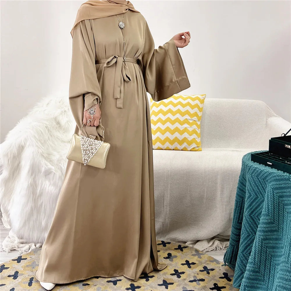 Eid Mubarak Satin Abaya Elegant Women Muslim Ramadan Long Maxi Dress Turkey Arabic Dubai Jalabiya Islamic Clothing Robe Vestidos