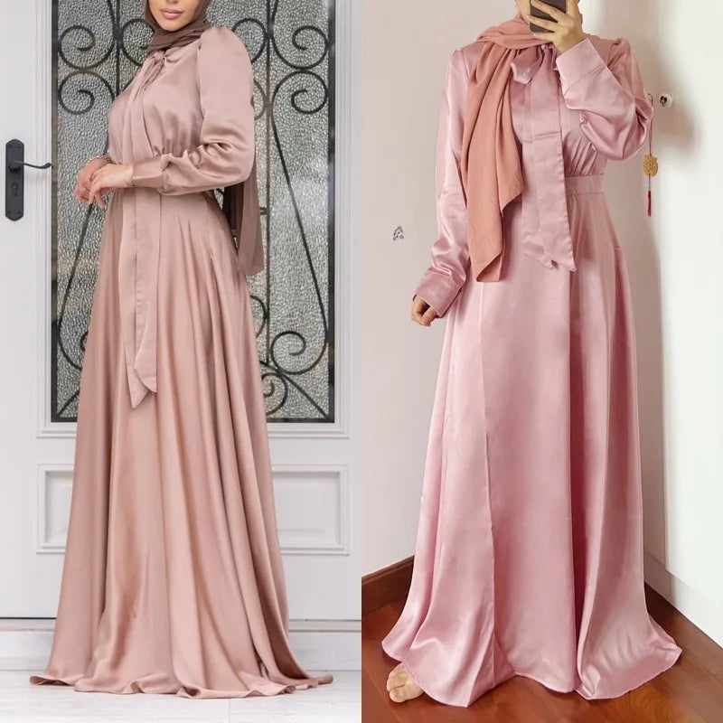 Eid Ramadan Dubai Muslim Turkish Satin Abaya Jalabiya Women Moroccan Caftan Party Maxi Dress Arab Kaftan Ribbon Robe Gown Abayas