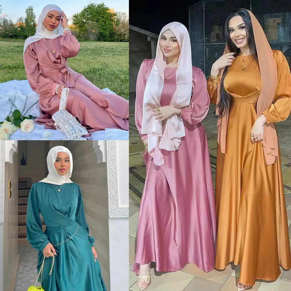 2023 Women Satin Robe Evening Party Long Dress Dubai Fashion Lace Up Belted Gown Muslim Abaya Kaftan Robe Ethnic Vestidos