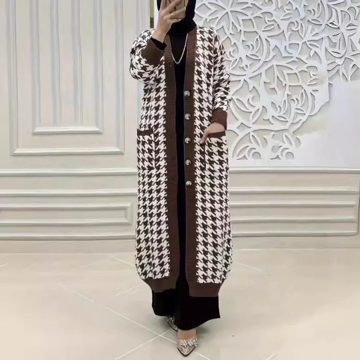 Muslim Women Knitted Coats Sweater Jacket Abaya Plaid Print Pockets Ramadan Modest Sweaters Morocco Dubai Casual Long Cardigan