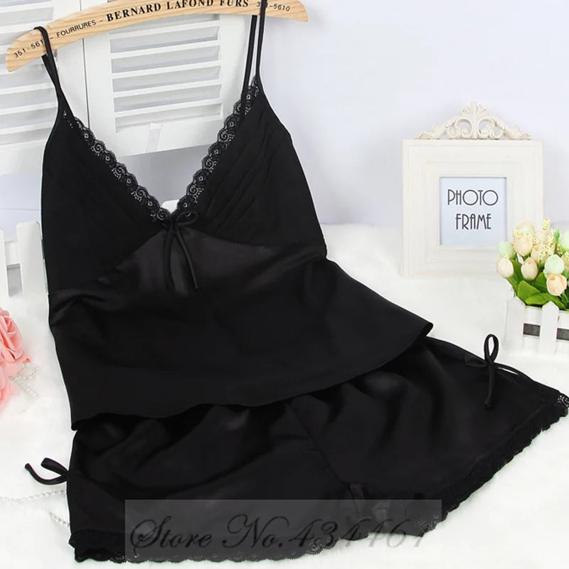 PLUS SIZE Suspender Pajamas Set Sleepwear Sexy Lace Bow Cami Shorts Pijamas Suit Lingerie Summer New Female Silky Satin Homewear