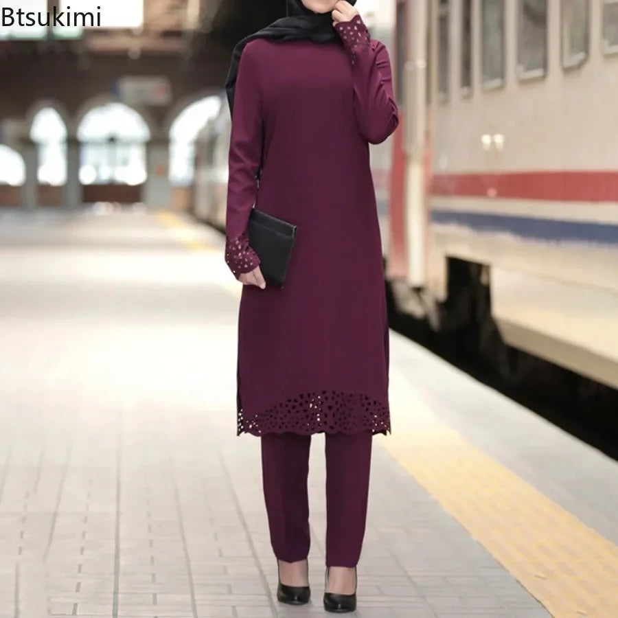 2025 Women Muslim Abaya Sets Fashion Hollow Out Long Sleeve Dreess and Pants Two Pieces Women Islamic Clothing Arab Dubai Kaftan